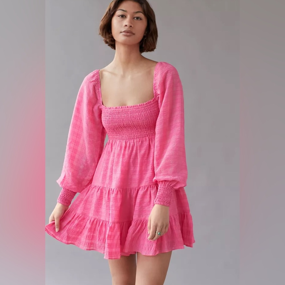 Urban Outfitters Hot Pink Smocked Tiered Mini Dress